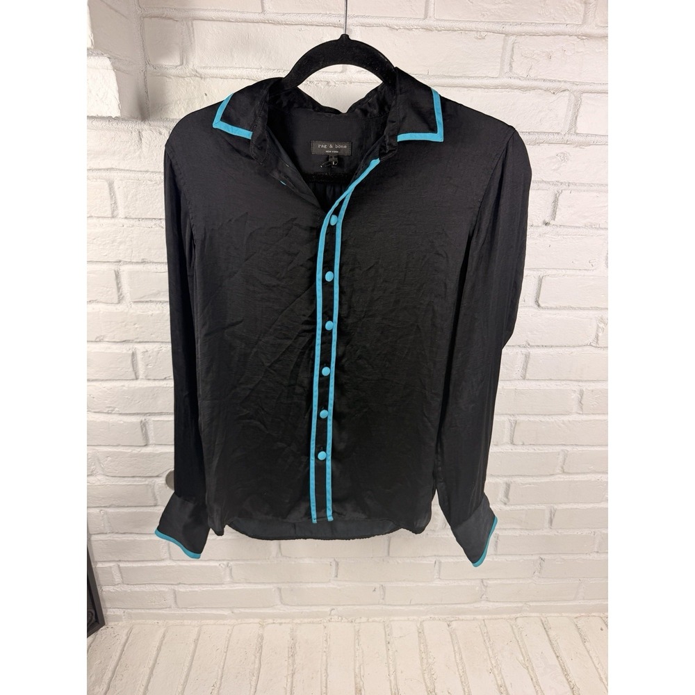 Rag & Bone Womens S Black Turquoise Piping Button Down Pajama Blouse Shirt